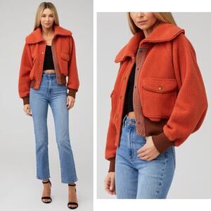 FREE PEOPLE Shasta Cardi Sherpa Bomber Jacket Snap Closure Orange Relaxed L